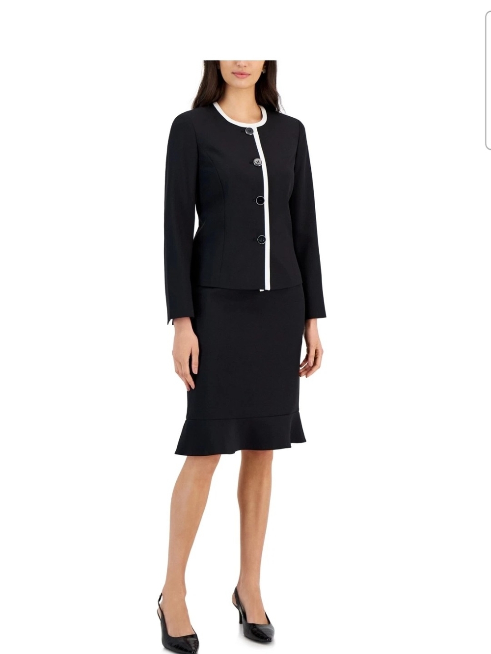 Le Suit Black Two-Piece Skirt Suit with White Trim - Picture 1 of 1